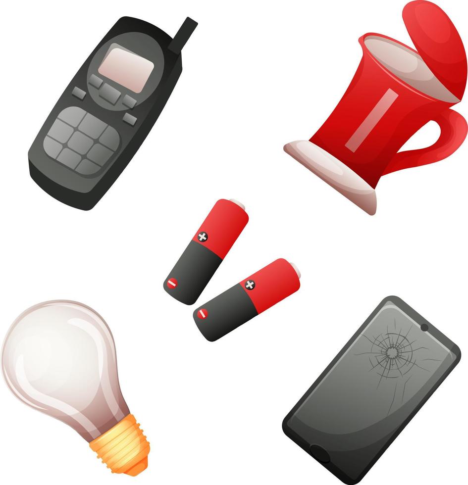 E-waste, no recyclable waste, batteries, bulb, electric kettle  icons on transparent background. Environment protection, sustainable development, Green living, ecolife vector