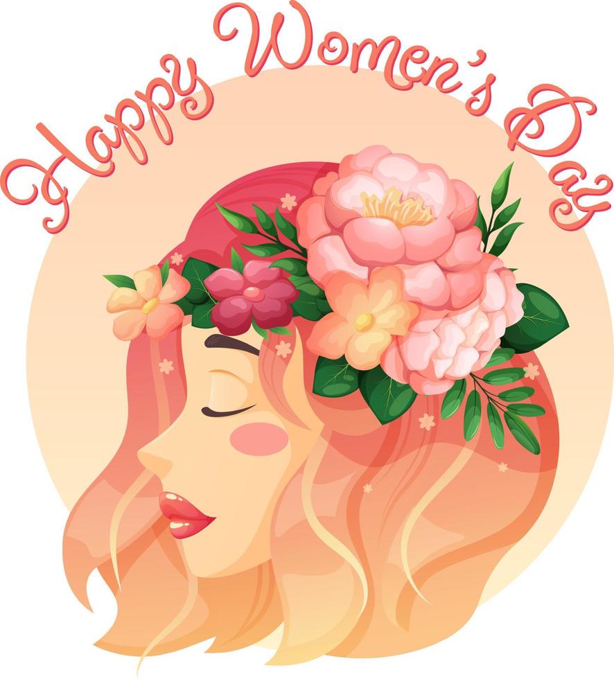 tarjeta postal para internacional De las mujeres día, hermosa mujer en rosado con floral guirnalda en cabeza, niña con flores vector