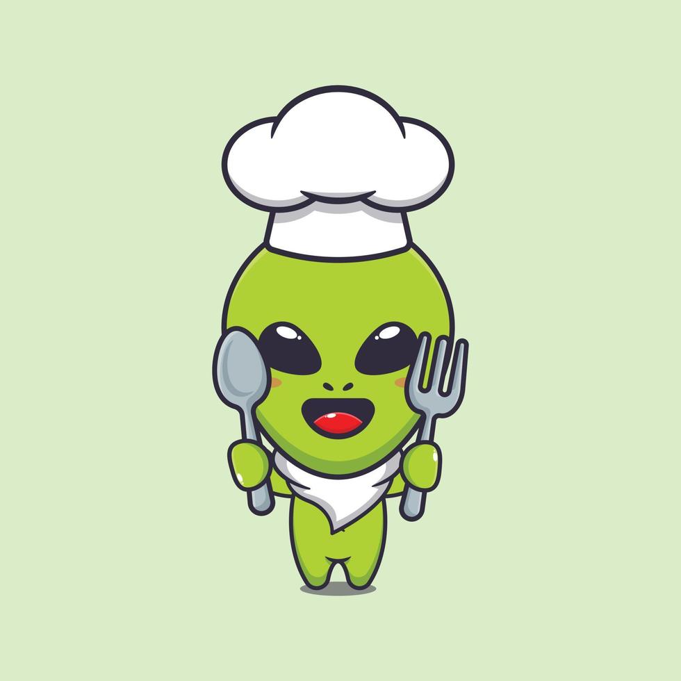 Cute chef alien holding spoon and fork cartoon vector illustration.