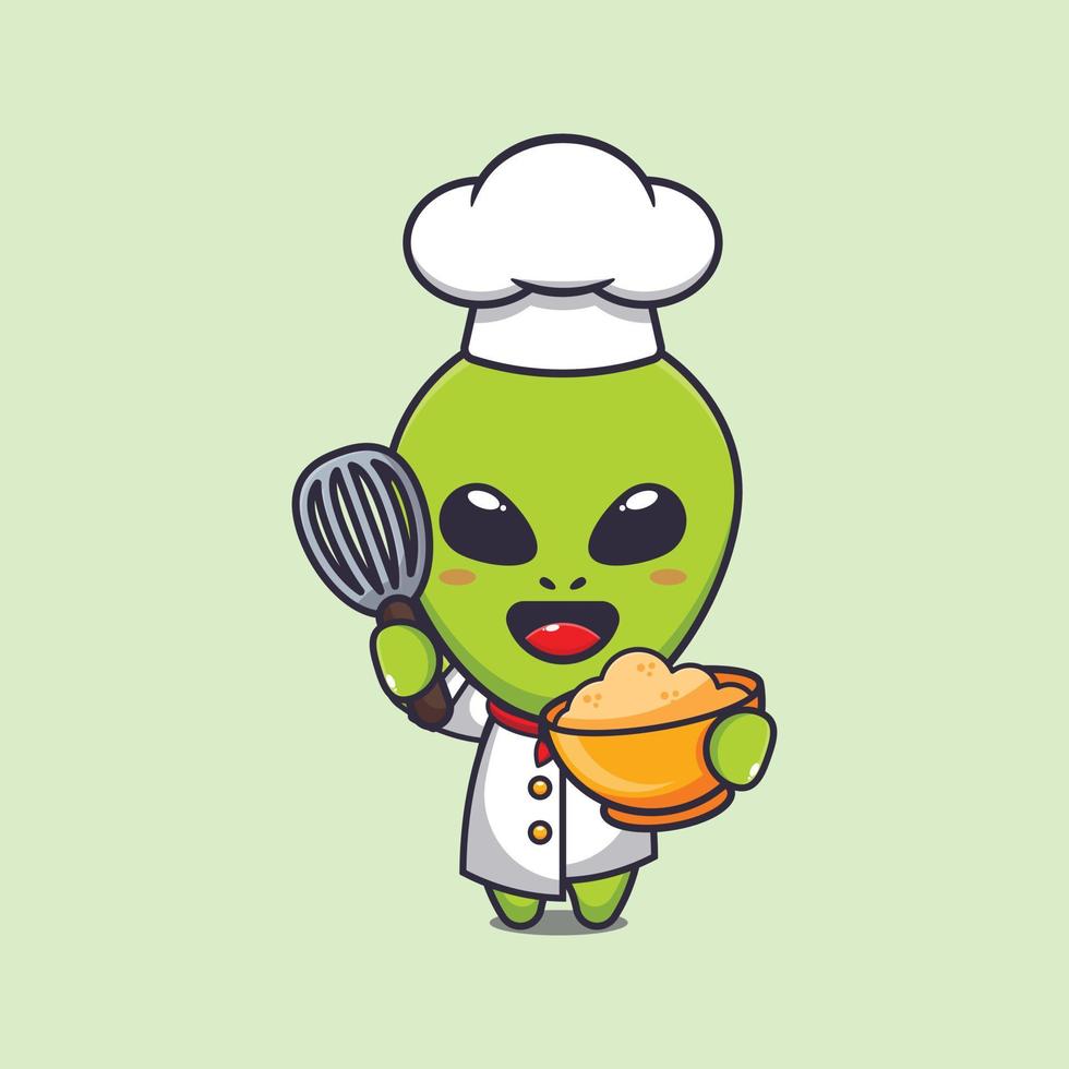 linda cocinero extraterrestre con con pastel masa dibujos animados vector ilustración.