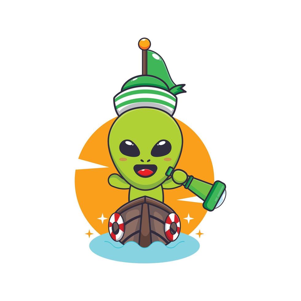 Cute alien on the boat Cartoon vector Illustration