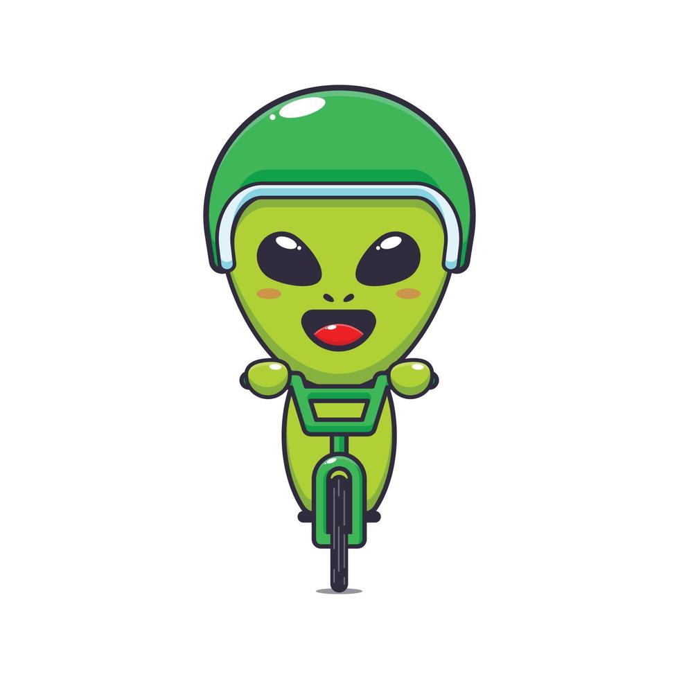 Cute alien ride on bicycle. Cartoon vector Illustration suitable for poster, brochure, web, mascot, sticker, logo and icon.