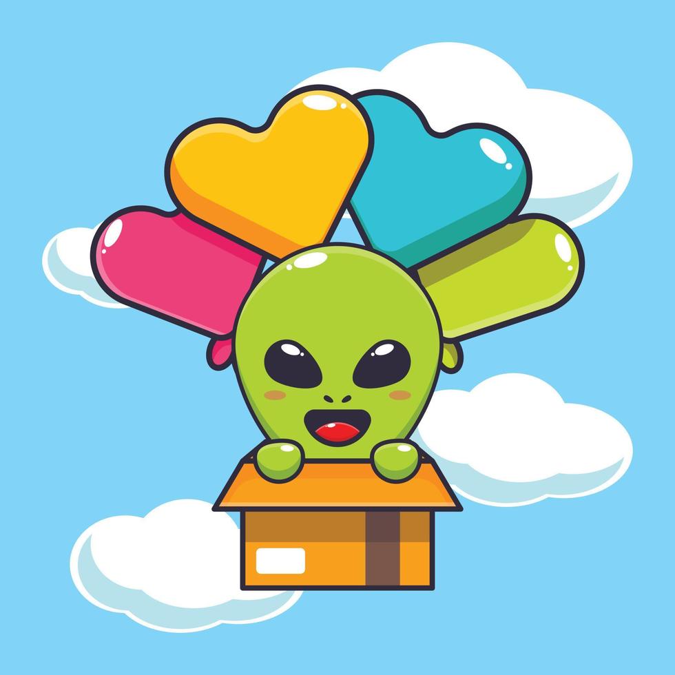 Cute alien in cardboard box flying with balloon. vector