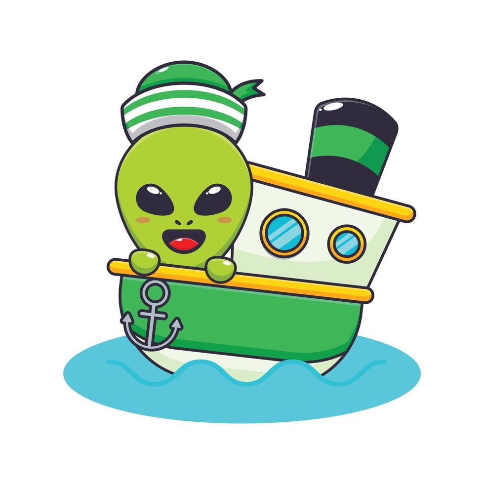 Cute captain alien sail on the ship. vector