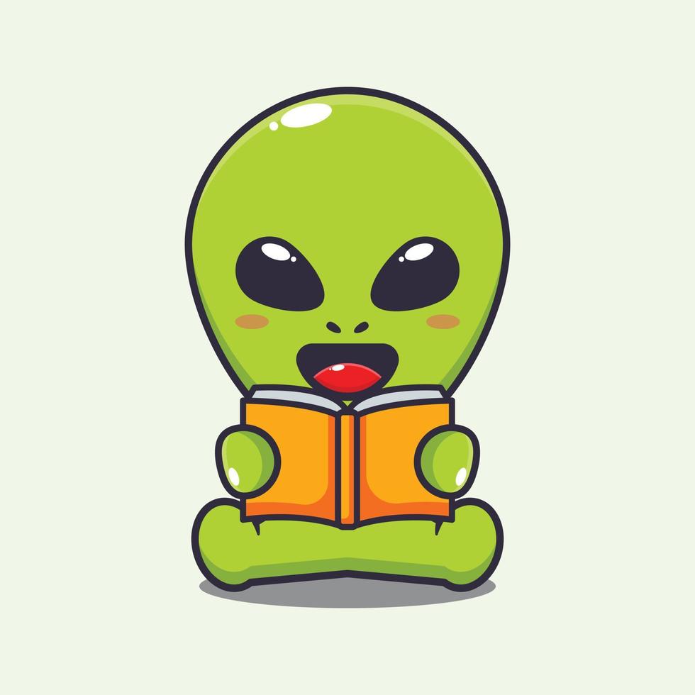 linda extraterrestre leyendo un libro dibujos animados vector ilustración.