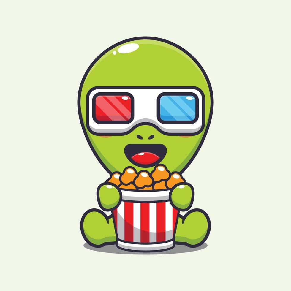 Cute alien eating popcorn and watch 3d movie cartoon vector illustration.