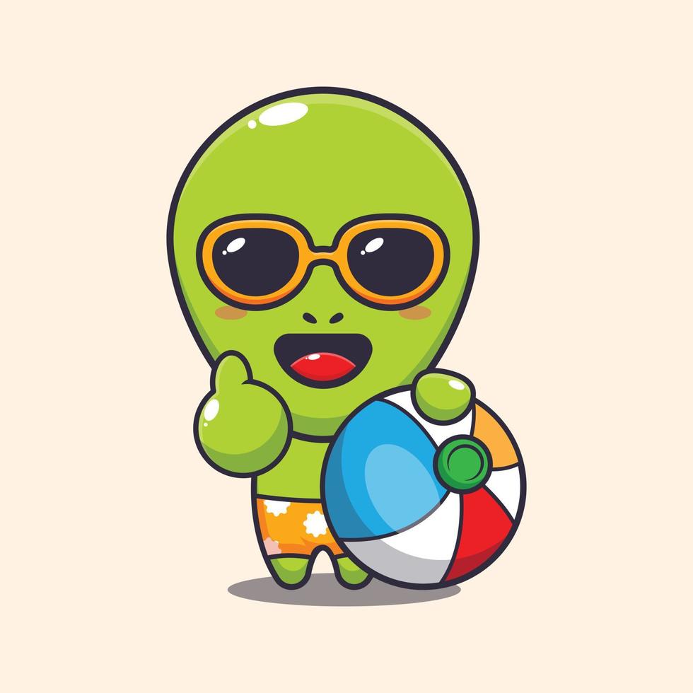 Cute alien in sunglasses with beach ball cartoon vector illustration.