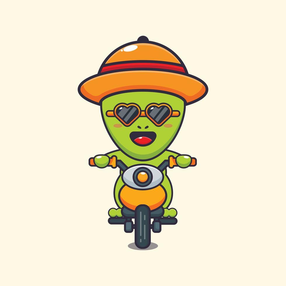 Cool alien with sunglasses riding a motorcycle in summer day. vector