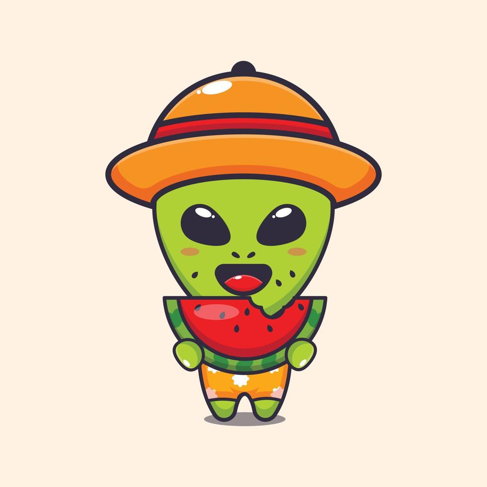 Cute alien eating fresh watermelon cartoon vector illustration.