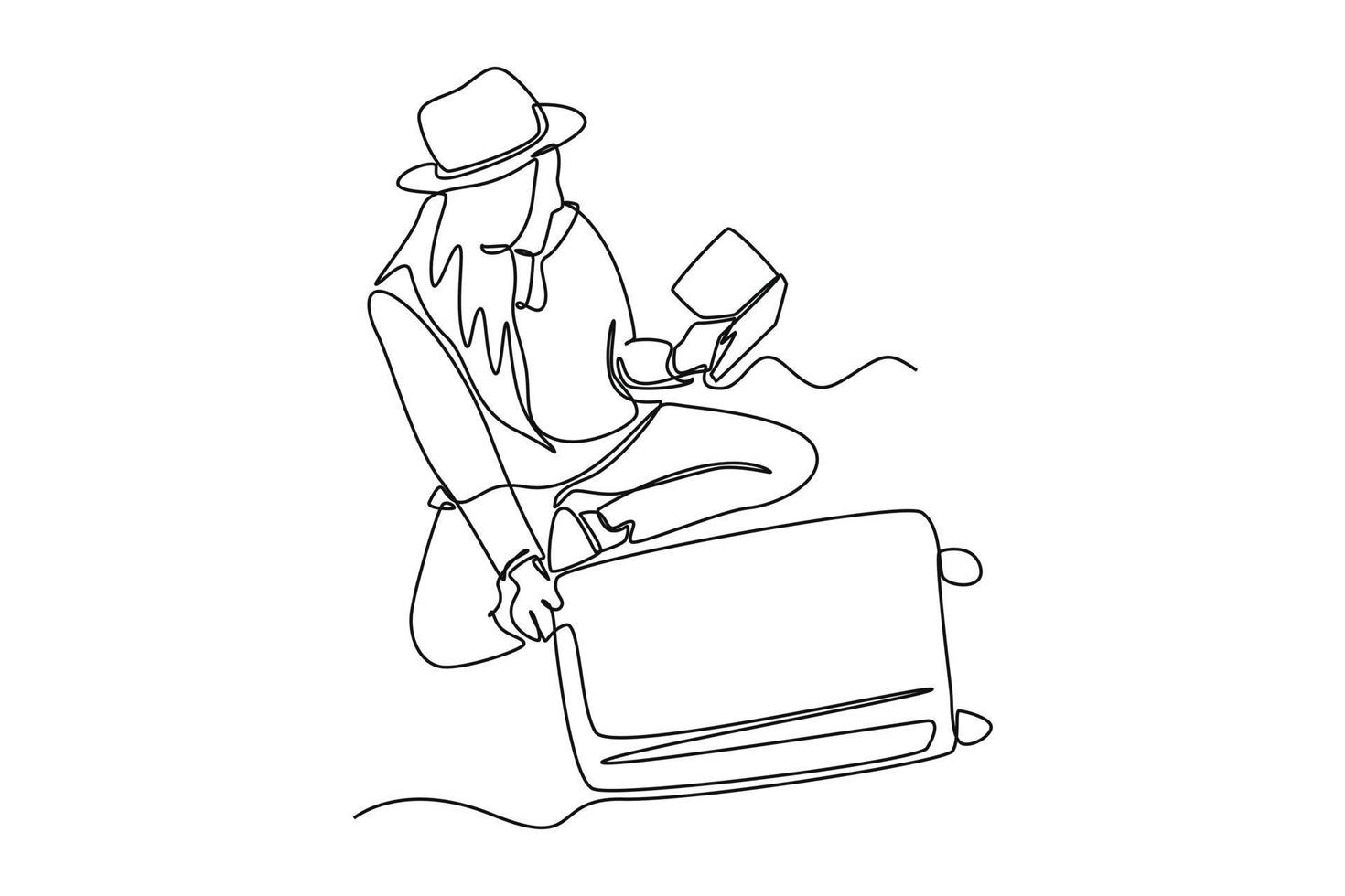 Continuous one line drawing happy woman checking equipment list for traveling. Travel experience concept. Single line draw design vector graphic illustration.