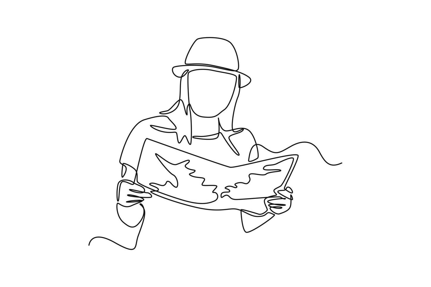 Continuous one line drawing female traveler reading city map. Travel experience concept. Single line draw design vector graphic illustration.