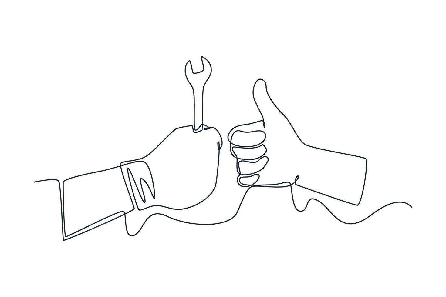 Single one line drawing hand hold wrench and Thumb Up. Auto service concept. Continuous line draw design graphic vector illustration.