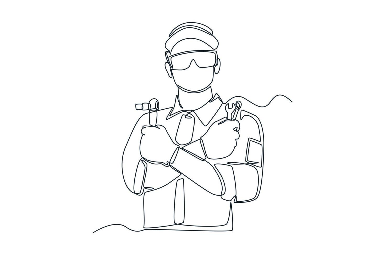 Single one line drawing mechanic standing with crossed arms and holding wrenches. Auto service concept. Continuous line draw design graphic vector illustration.