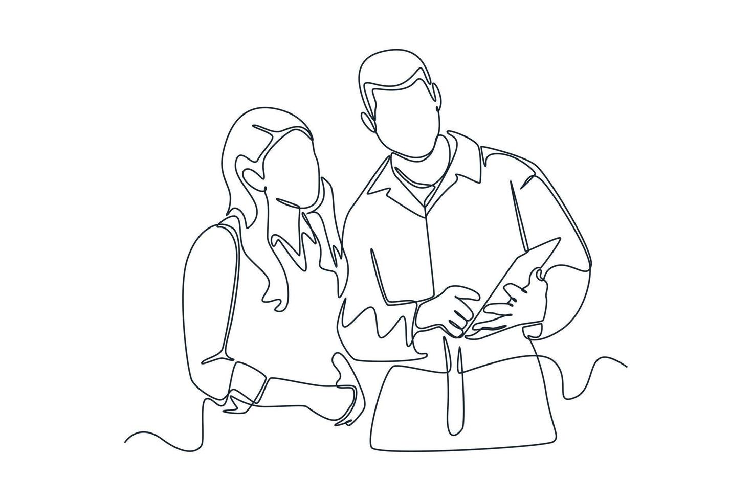 Single one line drawing Mechanic show the car checking list for customer. Auto service concept. Continuous line draw design graphic vector illustration.