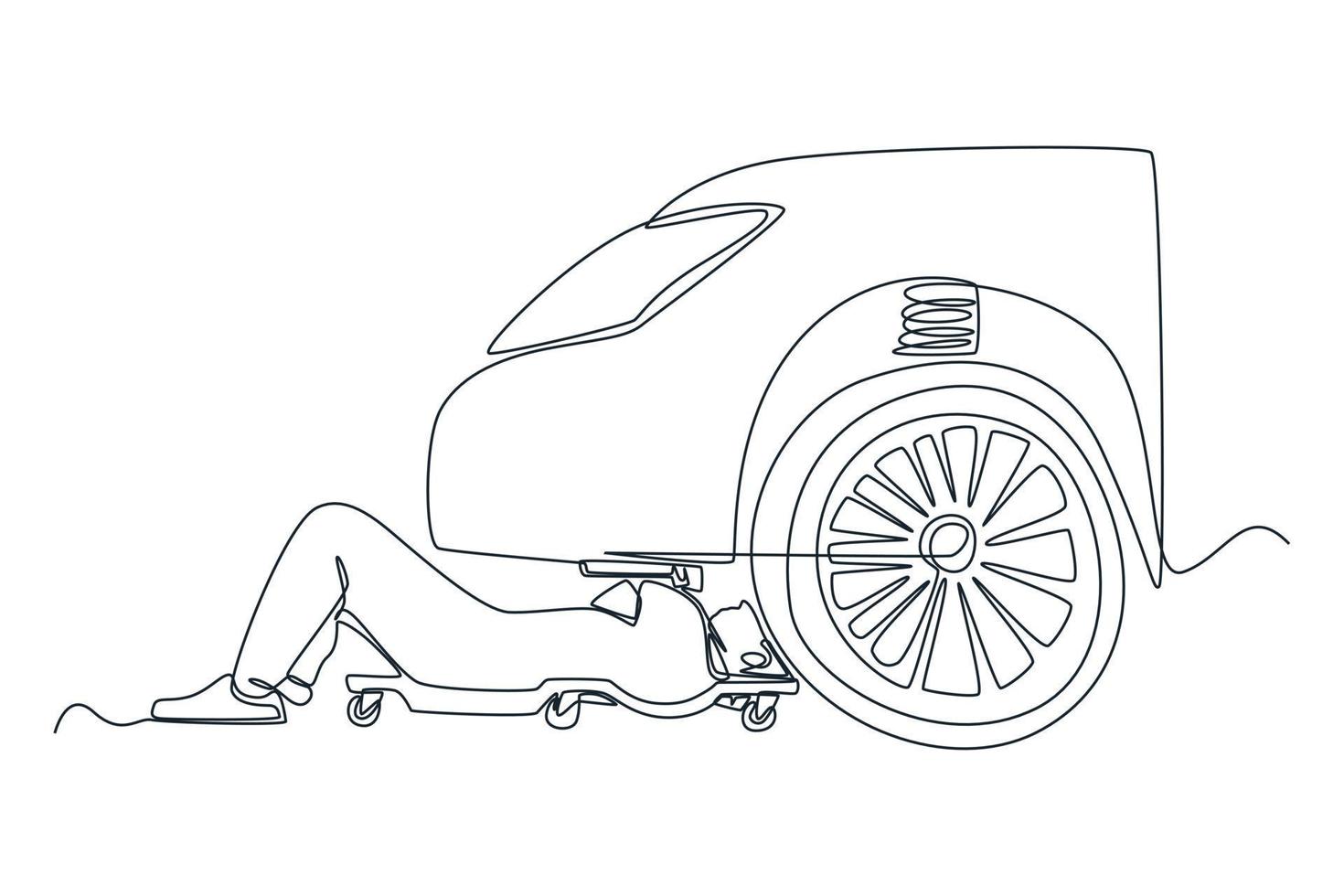 soltero uno línea dibujo mecánico uniforme acostado abajo y trabajando debajo coche a auto Servicio cochera. auto Servicio concepto. continuo línea dibujar diseño gráfico vector ilustración.