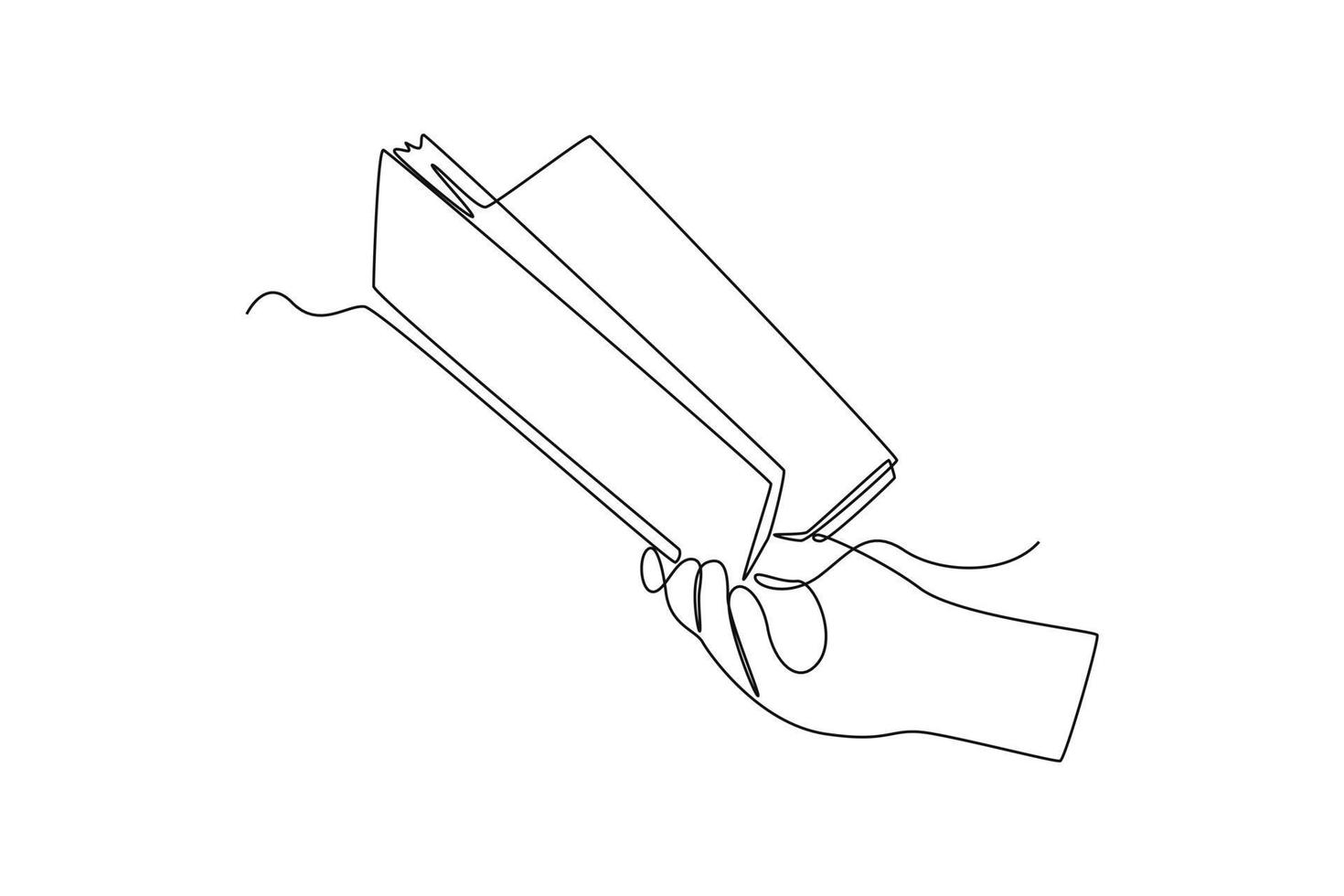 Single one line drawing hand gesture in opening a book. World book day concept. Continuous line draw design graphic vector illustration.
