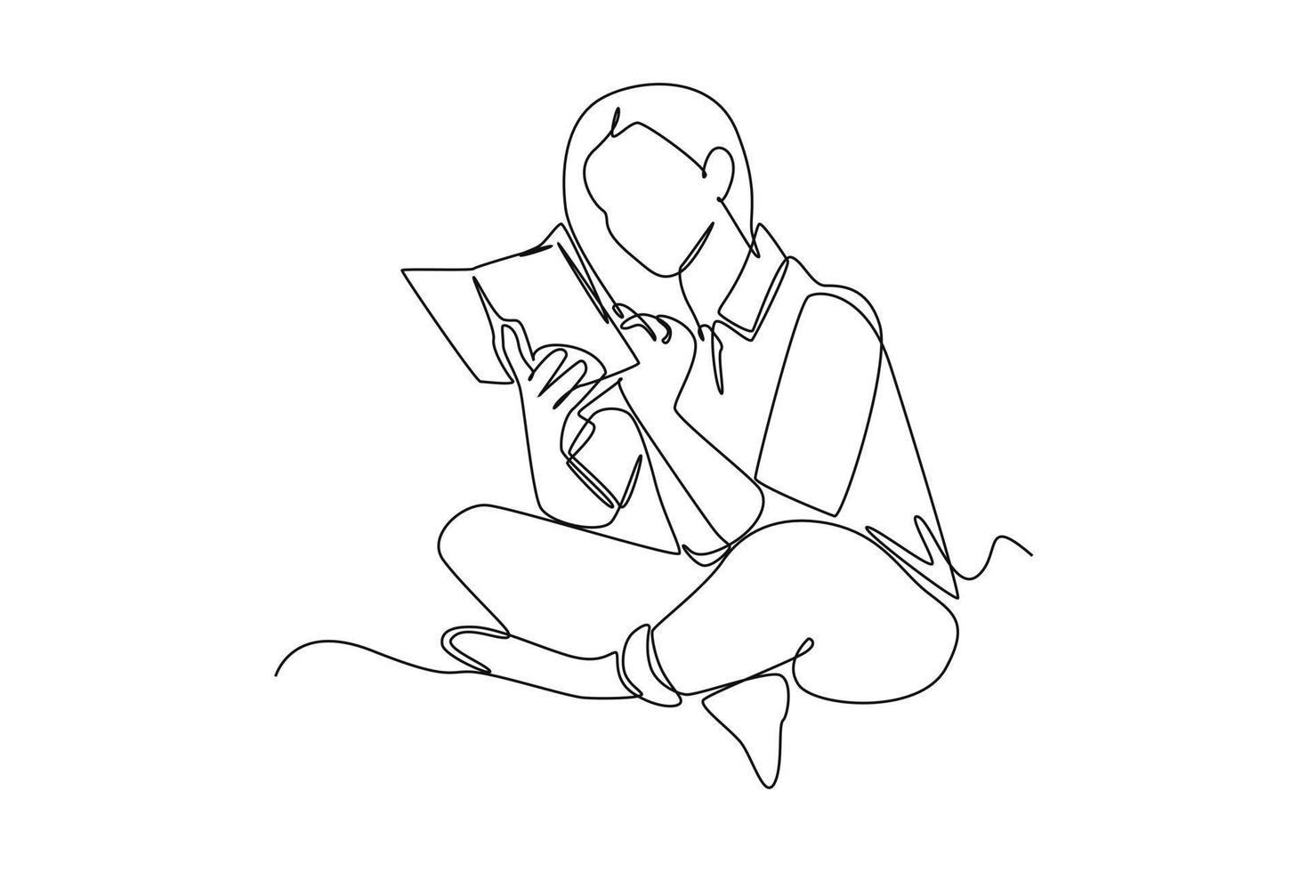 Single one line drawing happy woman reading book. World book day concept. Continuous line draw design graphic vector illustration.