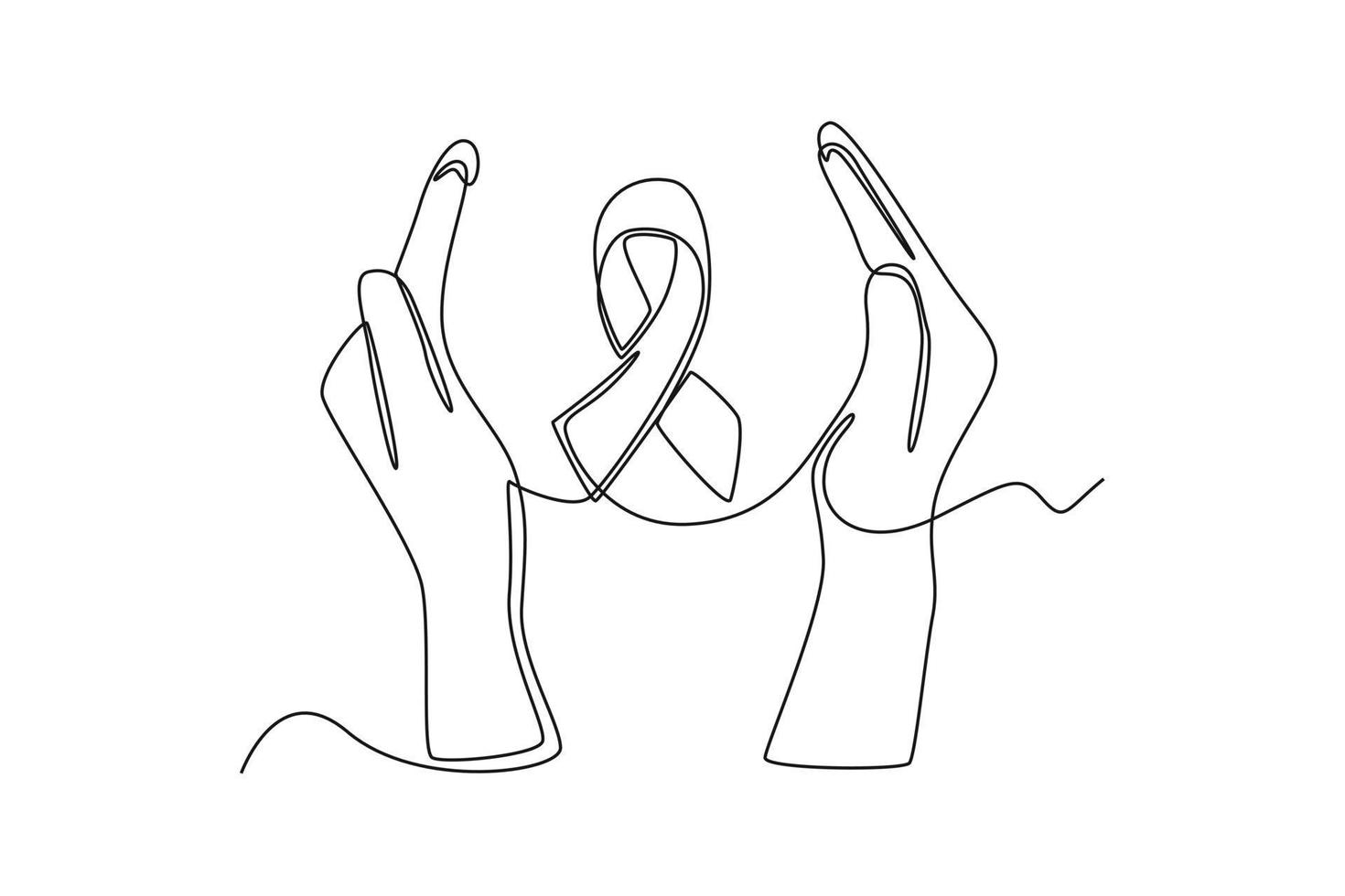 Single one line drawing hand protect ribbon. World health day concept. Continuous line draw design graphic vector illustration.