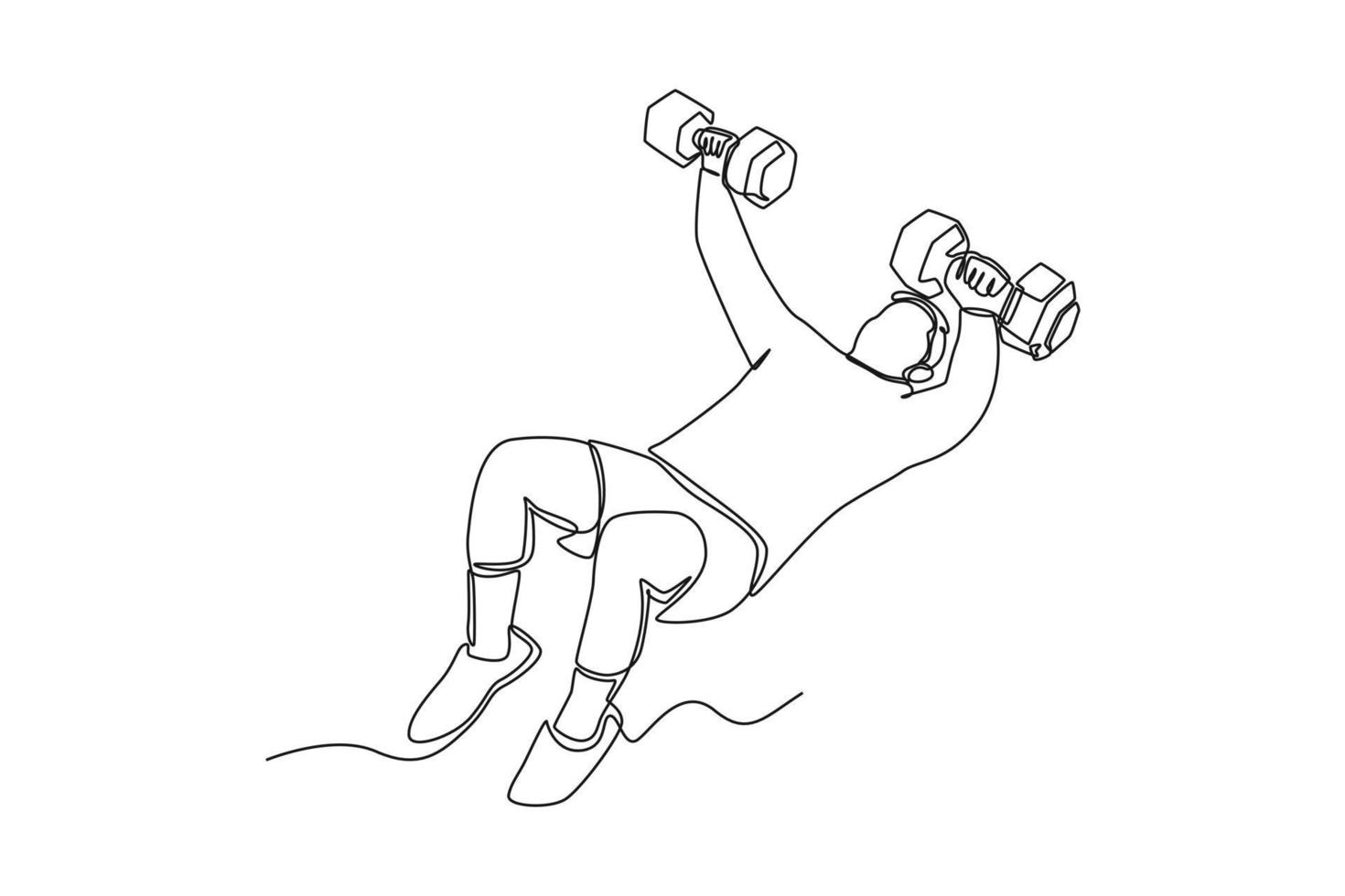 Single one line drawing man does floor dumbbell fly. Fitness activity concept. Continuous line draw design graphic vector illustration.