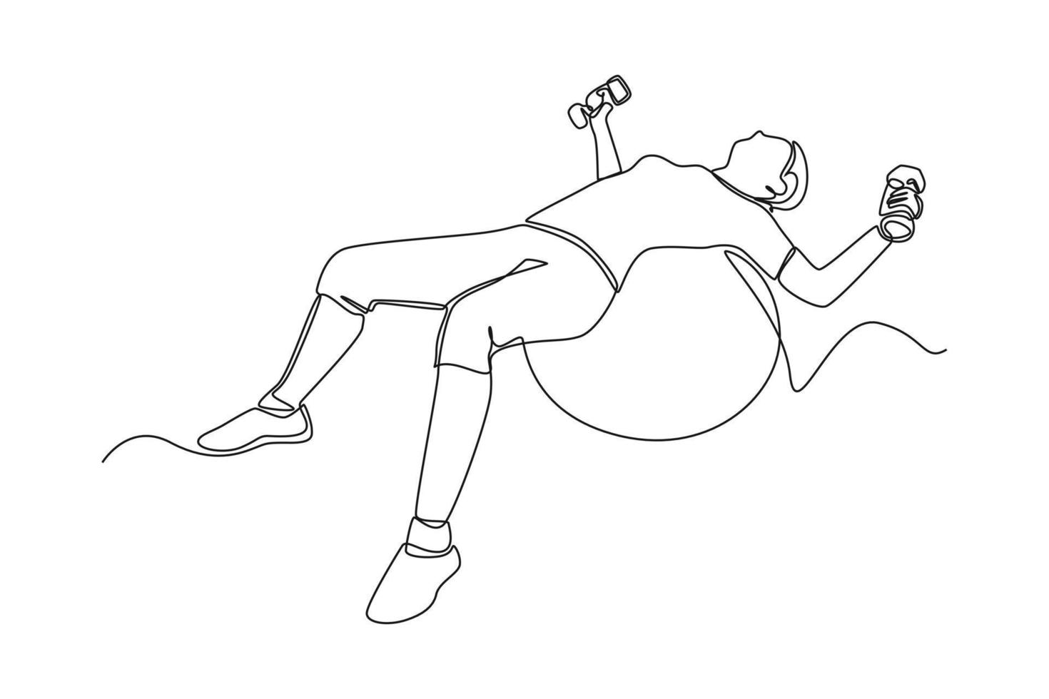 Single one line drawing weight lifting on stability ball. Fitness activity concept. Continuous line draw design graphic vector illustration.