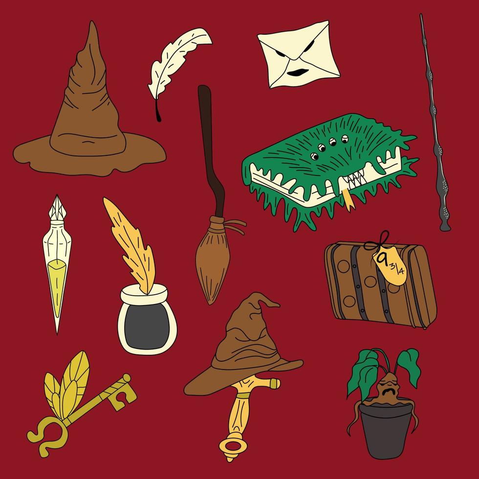 Set of magical things from a wizard school vector