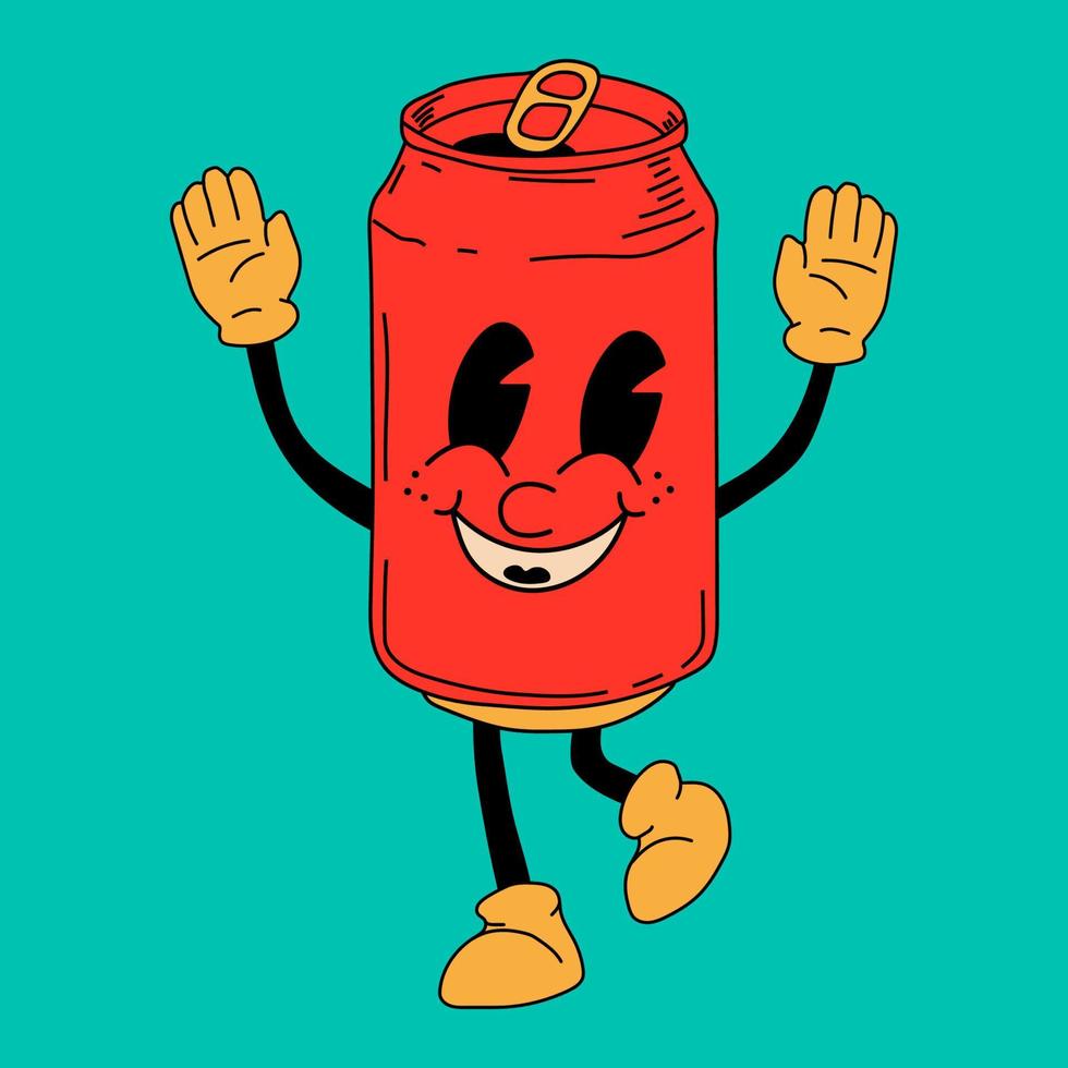 retro soda lata mascota. linda personaje en de moda retro 60s 70s dibujos animados estilo. vector mano dibujado ilustración