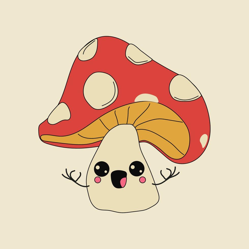 Cute Kawaii Mushrooms cartoon icon illustration. Food vegetable flaticon concept isolated on white background. Character, mascot in Doodle style. vector