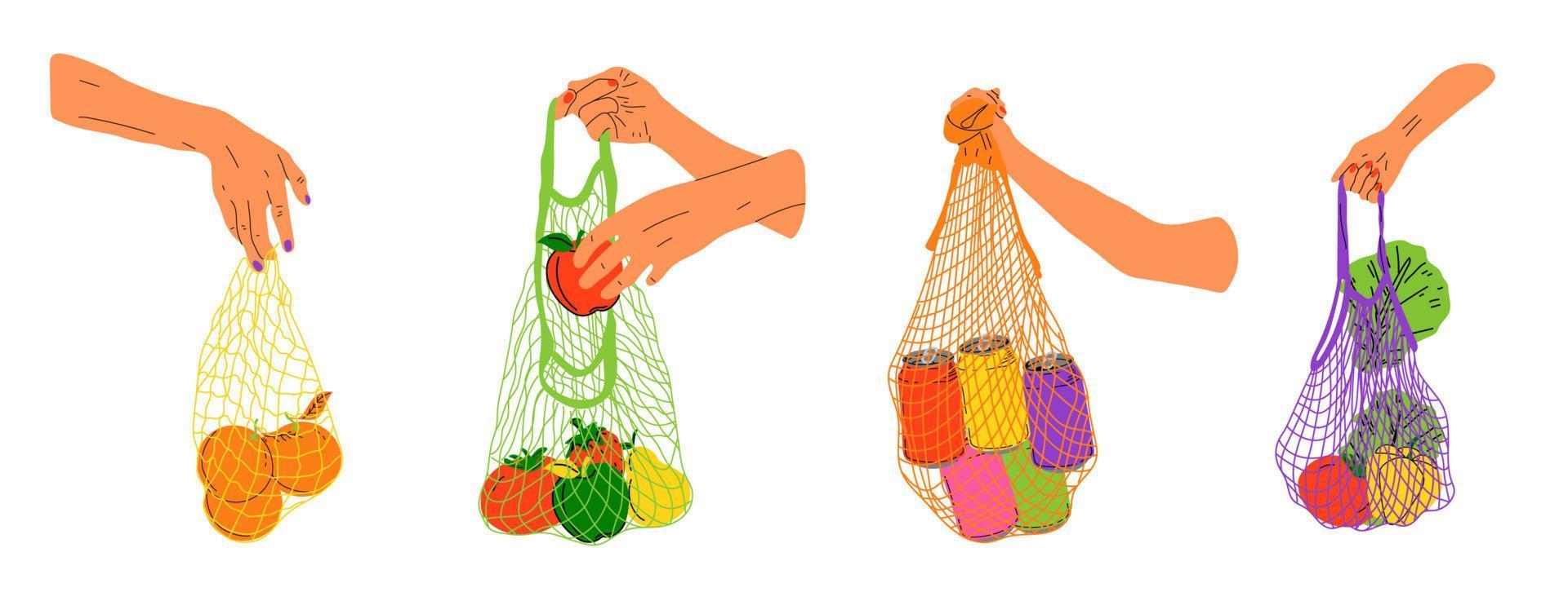 Set of Hand hold eco bag. People bring own bag for grocery. Reusable plastic free pack with food. Zero waste products for shopping. Eco bag shopper, organic green ecological illustration vector