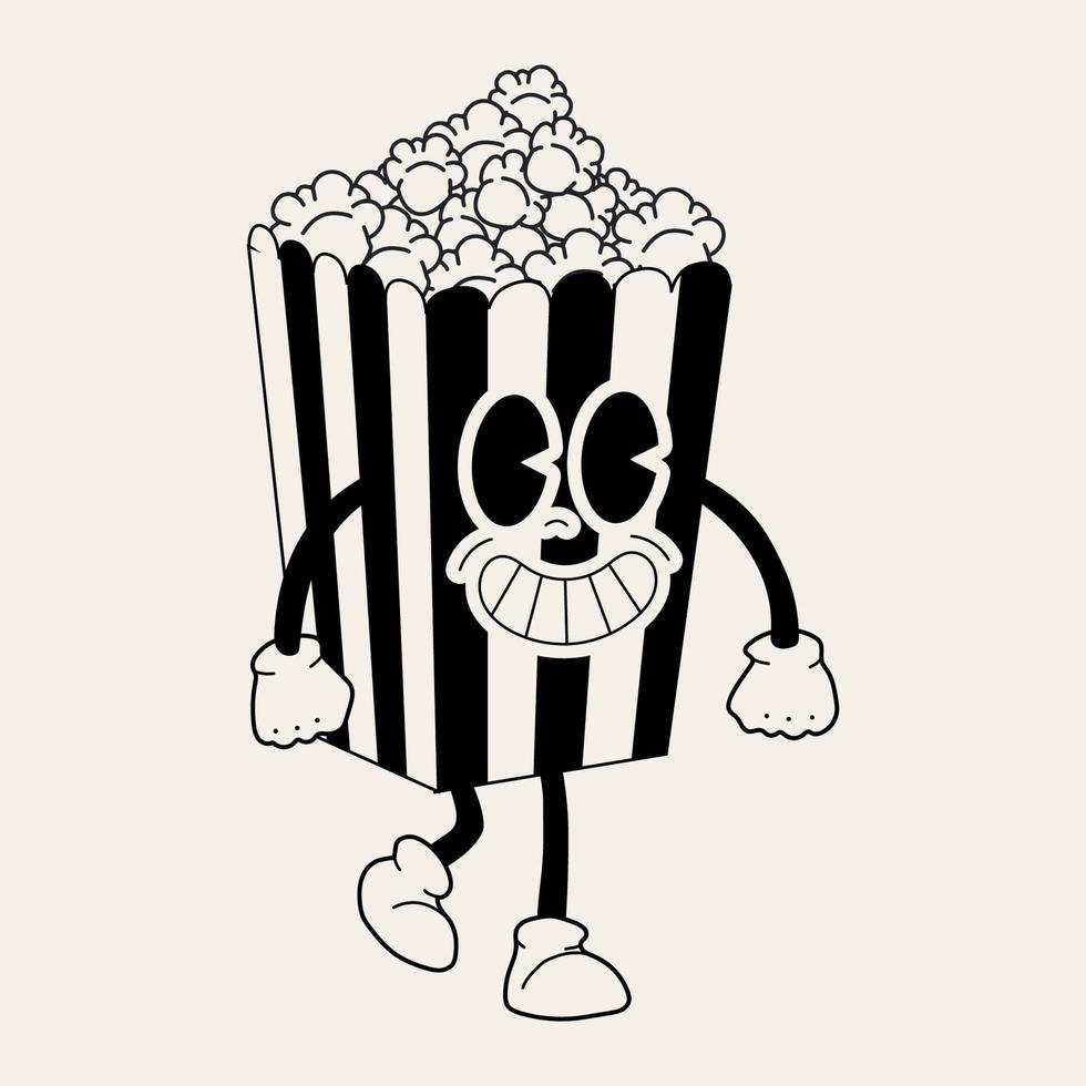 Retro Popcorn mascot. Cute character in trendy retro 60s 70s cartoon style. Vector hand drawn illustration