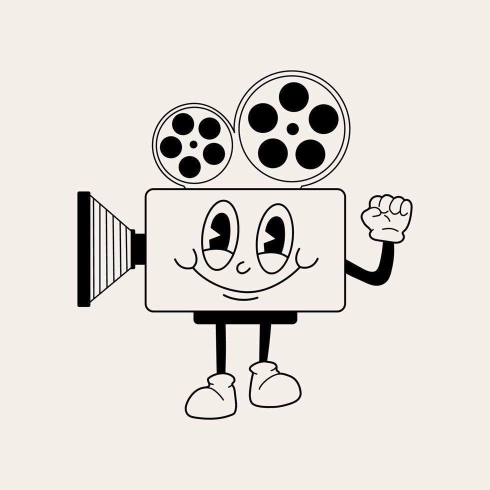 Retro video camera mascot. Cute character in trendy retro 60s 70s cartoon style. Vector hand drawn illustration