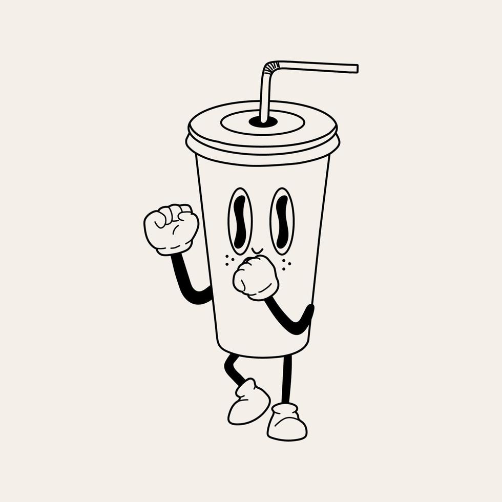 Retro Soda  mascot. Cute character in trendy retro 60s 70s cartoon style. Vector hand drawn illustration