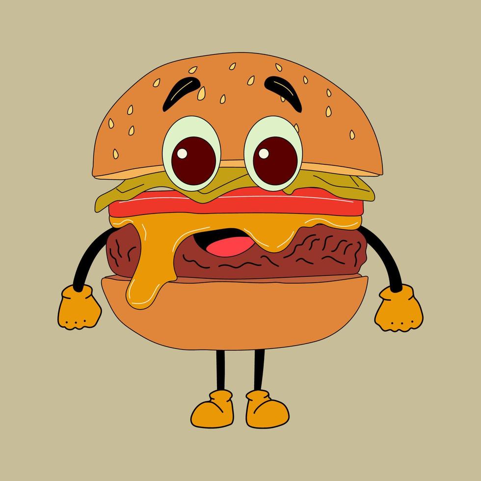 Cute Cartoon burger character. Happy and cheerful emotions. Old animation 60s 70s, funny cartoon characters. Trendy illustration in retro style. vector