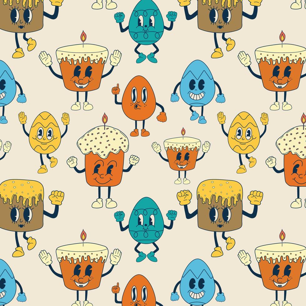 Hand drawn seamless pattern Retro easter cake and easter egg mascot. Cute characters in trendy retro 60s 70s cartoon style. Vector hand drawn illustration
