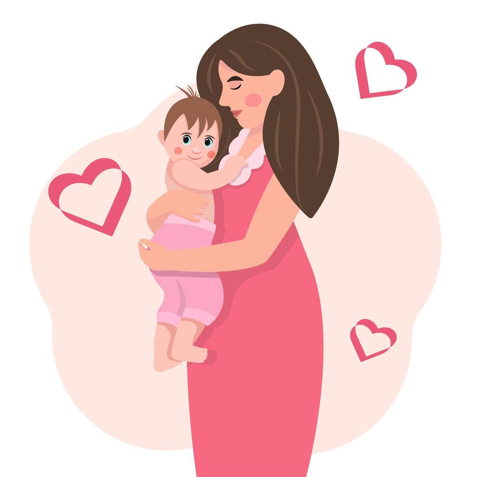 Happy young mother with her little daughter. Mom and daughter. Happy family concept. Mother's love. Pregnancy and motherhood. vector