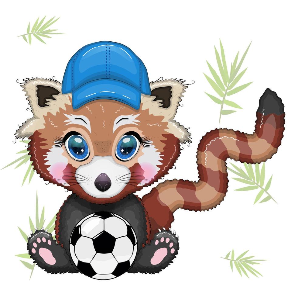 Red panda boy in blue cap hat with soccer ball, vacation, summer concept vector