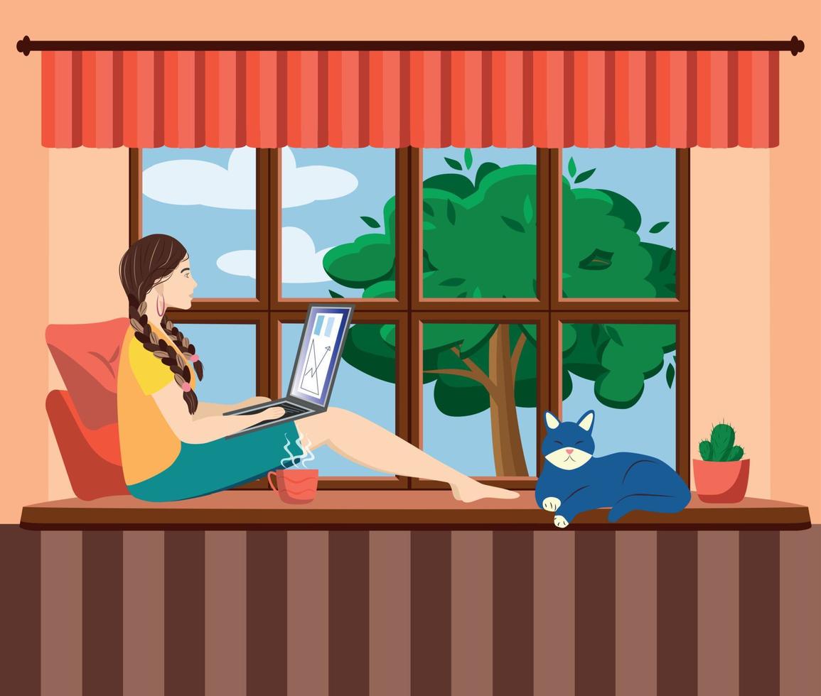 A woman works at a laptop while sitting on the windowsill at home. Freelance concept, quarantine due to covid-19. vector