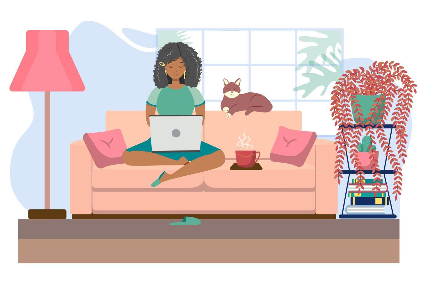 joven negro mujer trabajando o estudiando desde hogar, sentado en el sofá, en un acogedor atmósfera, con té y un gato. concepto de covid-19 cuarentena, trabajo independiente, trabajo y aprendizaje desde hogar. vector