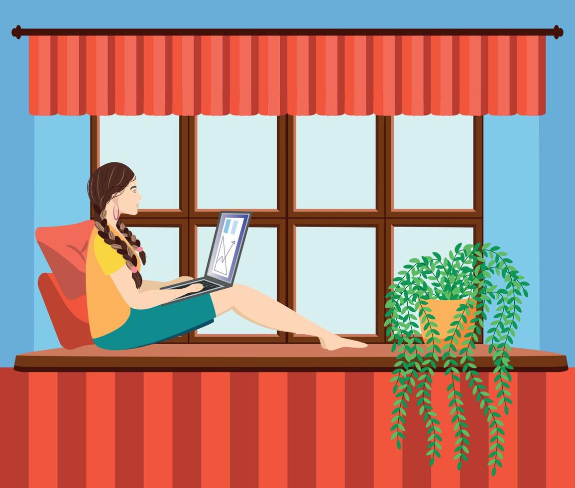 un mujer trabajos a un ordenador portátil mientras sentado en el antepecho a hogar. Lanza libre concepto, cuarentena debido a COVID-19. vector