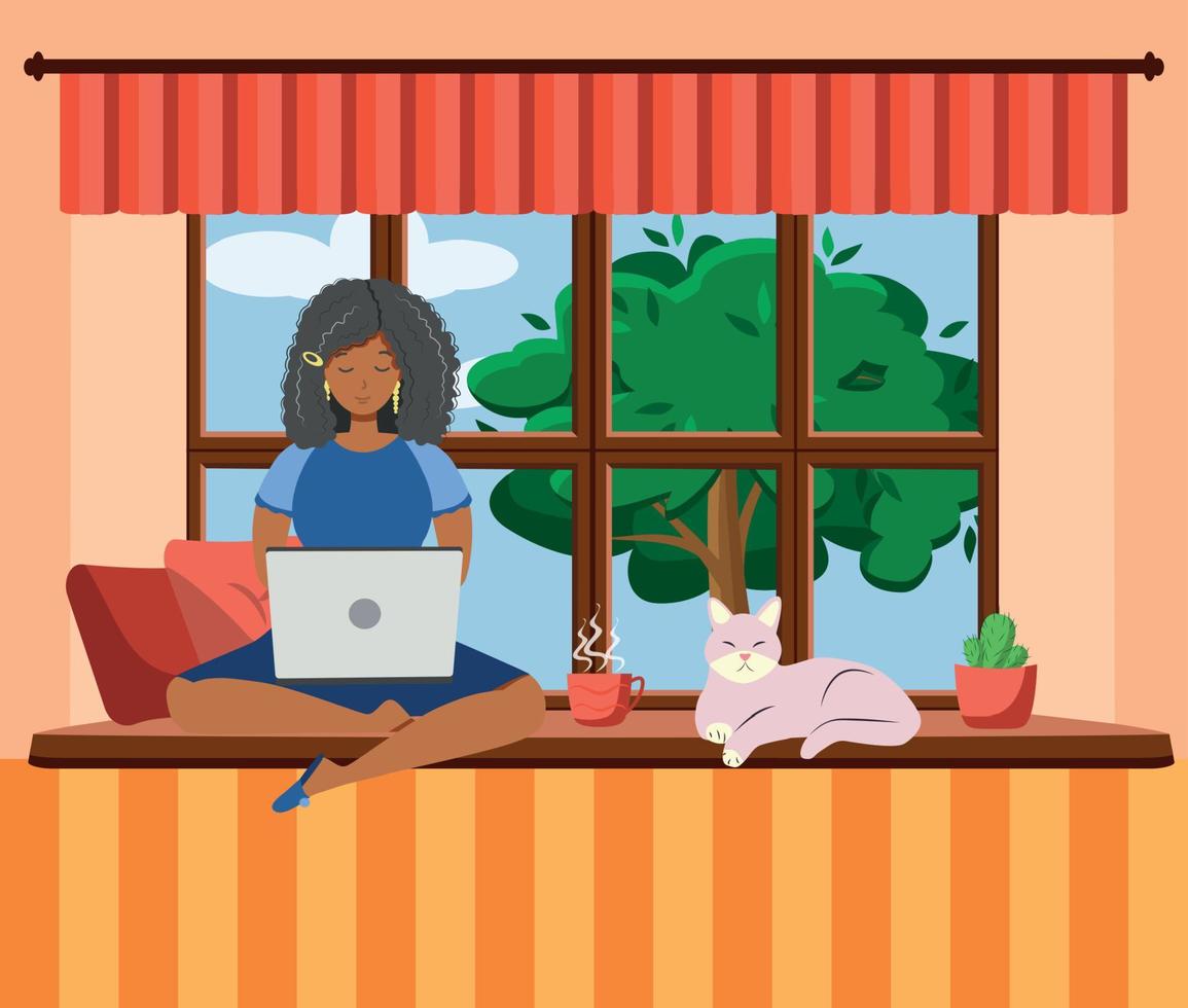 A woman works at a laptop while sitting on the windowsill at home. Freelance concept, quarantine due to covid-19. vector