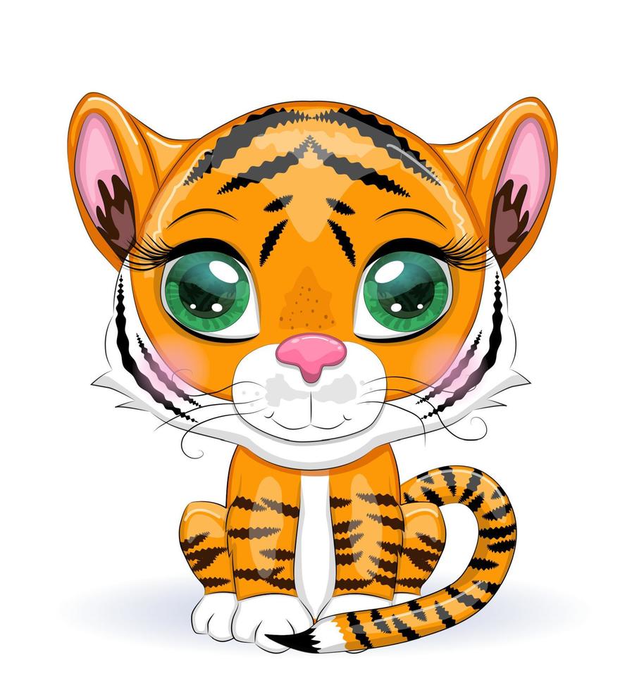 linda dibujos animados Tigre con hermosa ojos, brillante, naranja para saludo tarjetas vector