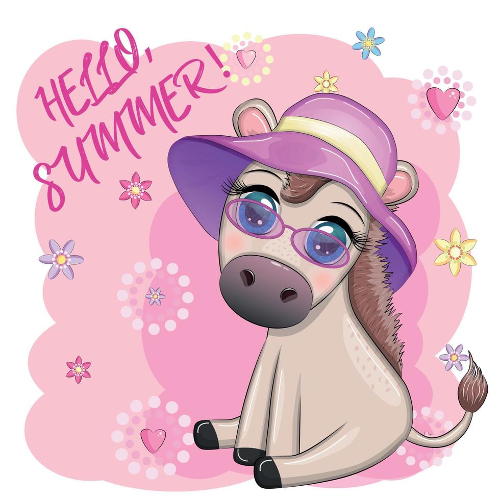 A cute donkey in a flower wreath with a guitar, a hula dancer from Hawaii. Summer card for the festival, travel banner vector