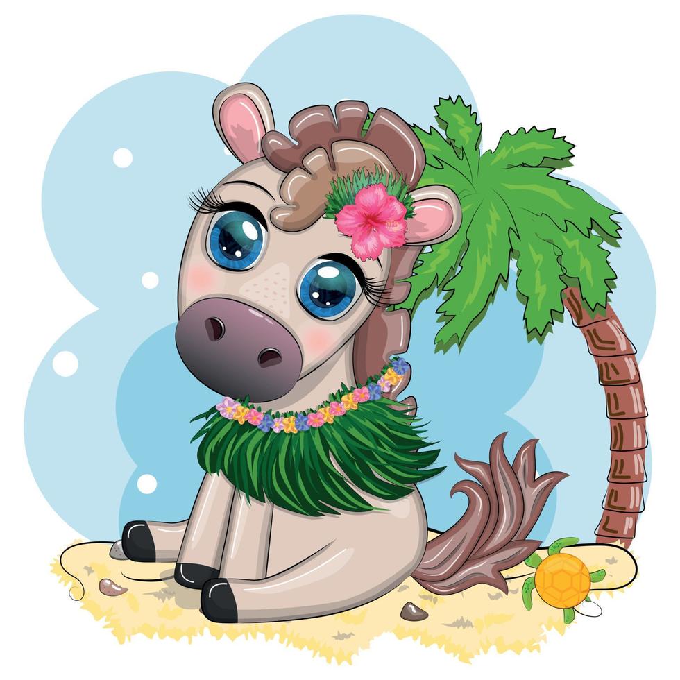 Nice horse, pony in flower wreath, hat, guitar, hula dancer from Hawaii. Summer card for the festival, travel banner vector