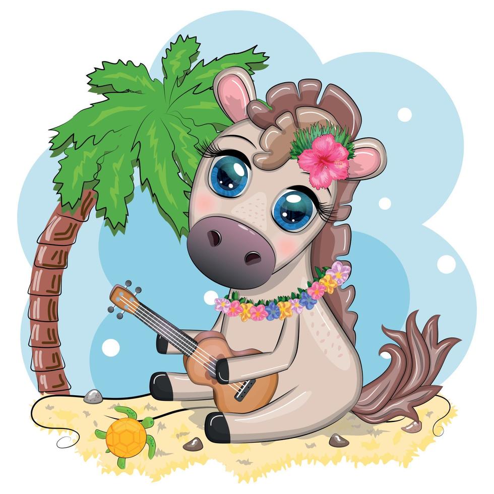 Nice horse, pony in flower wreath, hat, guitar, hula dancer from Hawaii. Summer card for the festival, travel banner vector