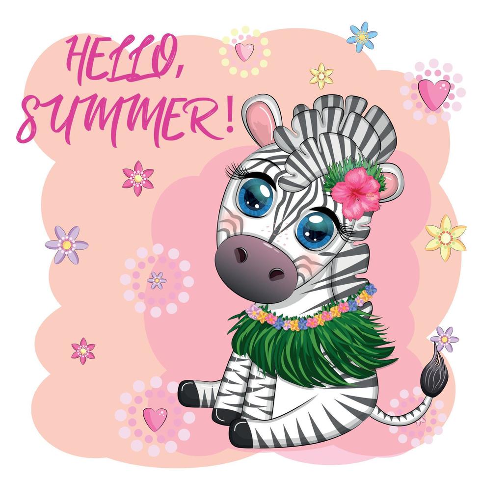 linda cebra en traje de bailarina de hula, hawaii, personaje infantil. vacaciones de verano, vacaciones vector