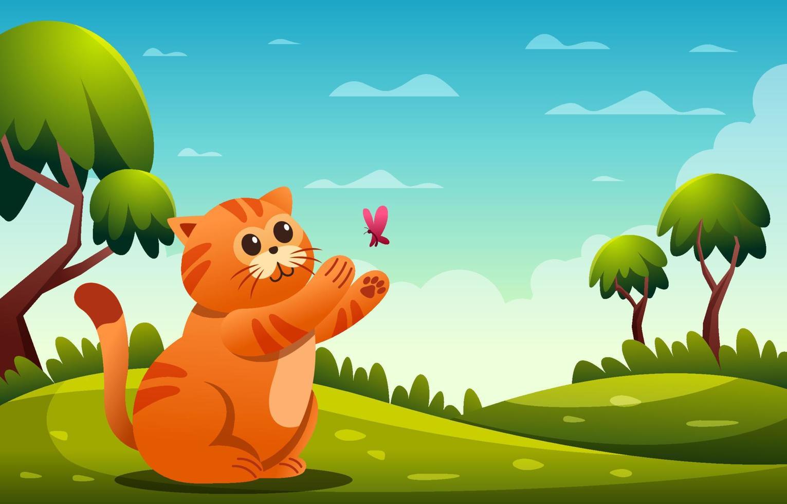 Orange Cat Playing with Butterfly vector