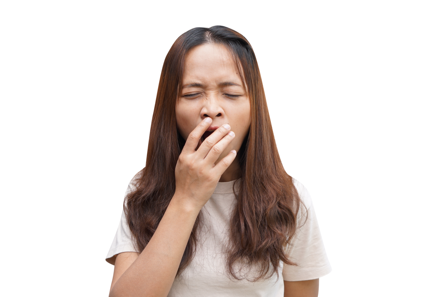 Asian woman covering her mouth with her hands from sleepiness png
