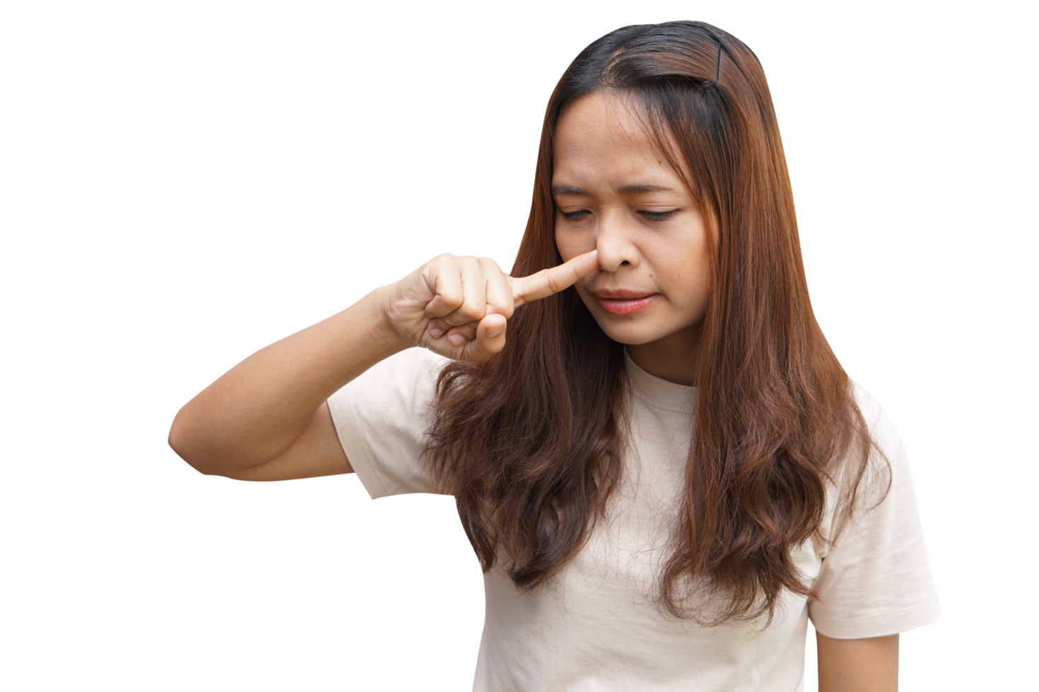 Asian woman pinching her nose with her hands not to get stinky png