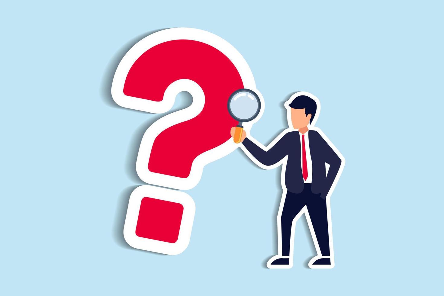 Problem and root cause analysis, research and leadership skill to find solution or answer for business problem concept, smart businessman analyst using magnifying glass to analyze question mark sign vector