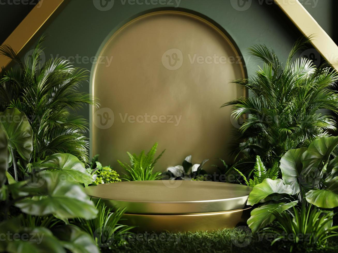 Gold podium in tropical forest for product presentation. photo