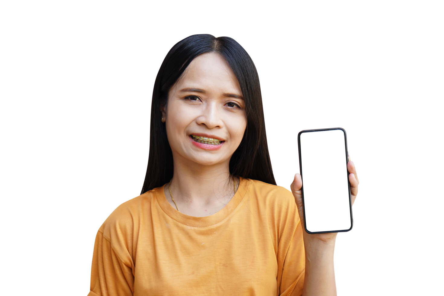 Aziatisch vrouw Holding telefoon scherm in voorkant png